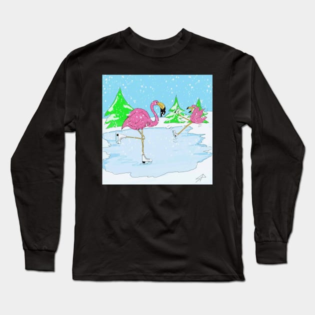 Flamingo Skaters Christmas Long Sleeve T-Shirt by saraperry